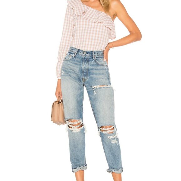 NWT L'Academie The Asymmetrical Blouse in taupe gingham size small - Picture 4 of 8